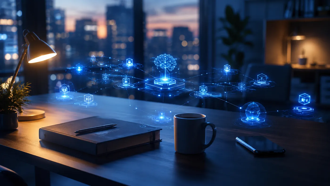Ein Arbeitsplatz, an dem künstliche Intelligenz ruhig im Hintergrund mitarbeitet